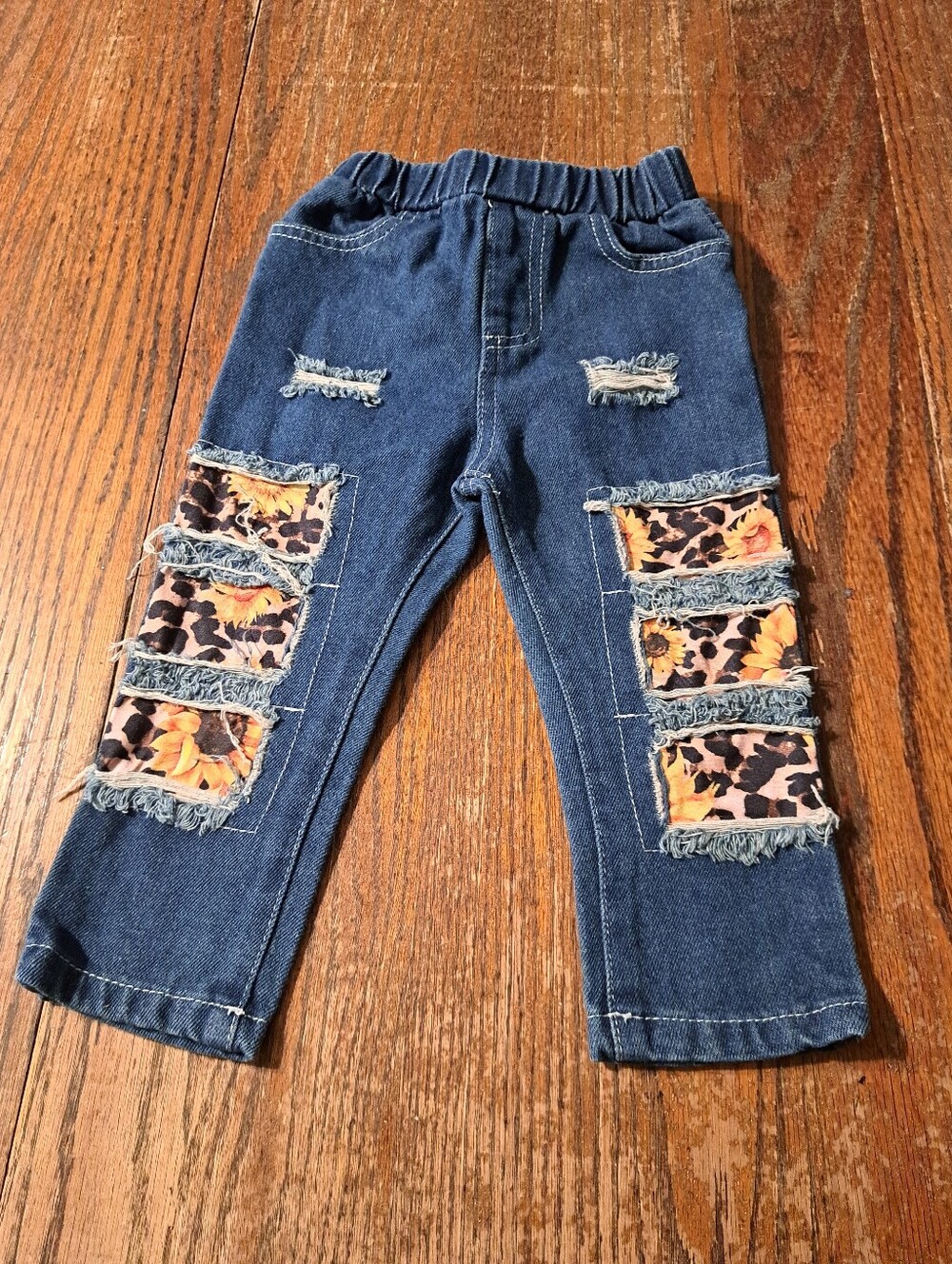 Boutique Toddler Girl Sunflower Cheetah Distressed Patch Denim Jeans 12-18M